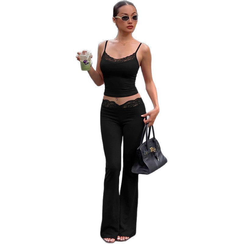 Amazon  summer fashion solid color lace trim cami top & cropped slim-fit straight-leg pants set