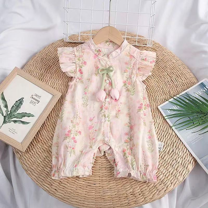 summer new floral baby romper with flutter sleeves - fresh and trendy summer outfit for baby girls