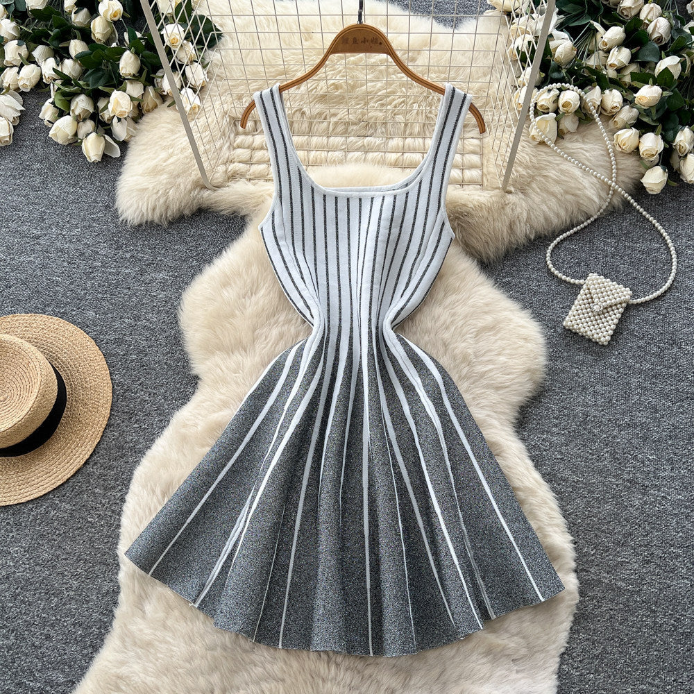 Korean style sleeveless striped gradient knit dress - women's summer high-waisted a-line slimming versatile chic work dress