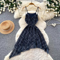 French retro plaid cami dress - women's summer korean style high waist, cinched waist, asymmetrical ruffle hem, slimming dress