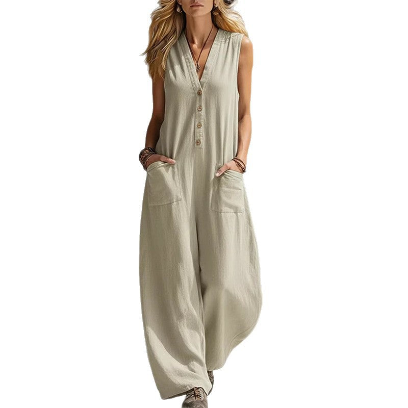 summer new arrivals: european & american style women's fashion - casual, loose-fit, solid color button-up jumpsuit