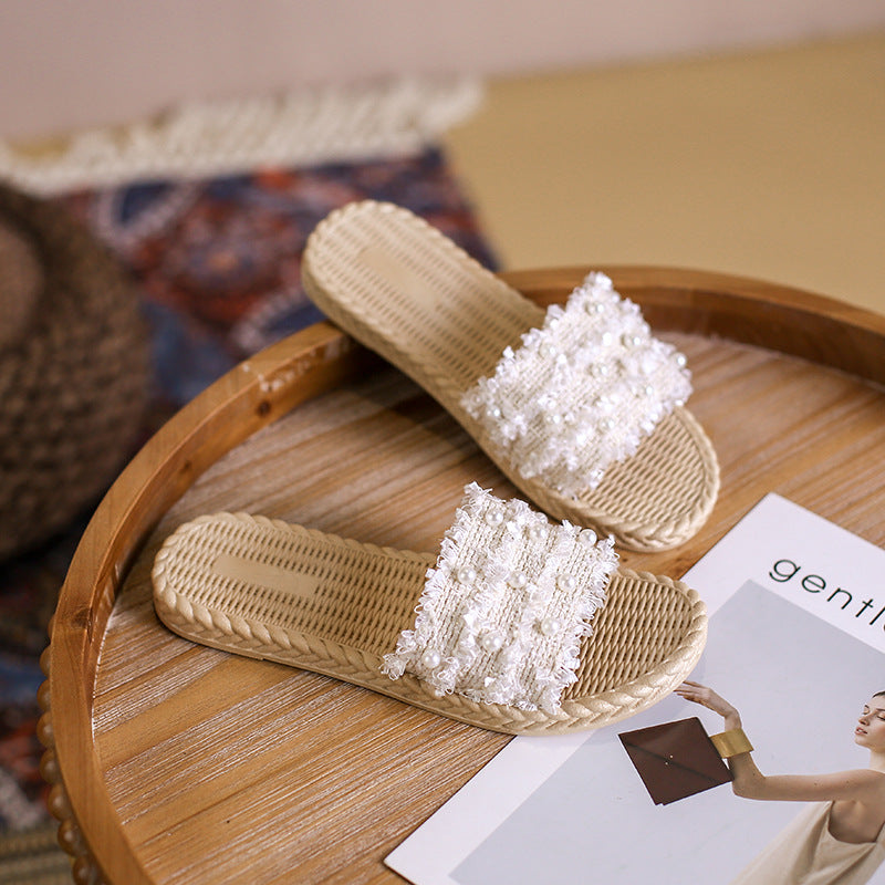 2024 summer new arrival: versatile pearl-embellished flat sandals - trendy, instagram-worthy beach slides for women