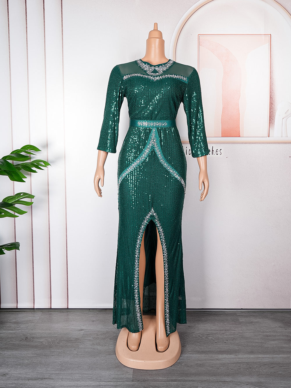 Aliexpress new year party evening dress african women's plus size cross-border fashion sequin rhinestone slit dress