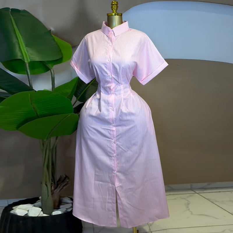 European and american cross-border women's fashion:  autumn new arrival - elegant striped, waist-defining, slim-fit, button-down short-sleeve shirt dress