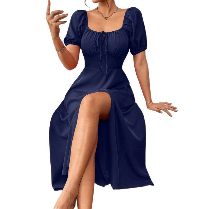fashion  summer new arrival pleated strap slit puff sleeve square neck mid-length dress for women