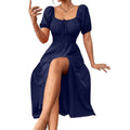 fashion  summer new arrival pleated strap slit puff sleeve square neck mid-length dress for women