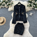 Xiaoxiangfengfashionablesuitfemaleautumclassycontrast color round neck waist long sleeves knitting shirt hip covering short skirt