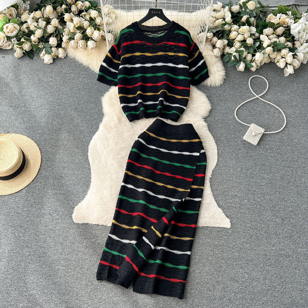 Korean chic retro striped color block set - women's loose fit crew neck short sleeve knit top & high waist bodycon midi skirt