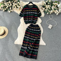 Korean chic retro striped color block set - women's loose fit crew neck short sleeve knit top & high waist bodycon midi skirt