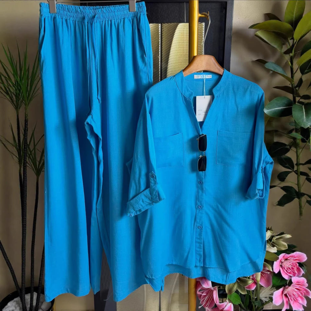 European and american cross-border women's clothing  summer new collection: casual, effortless style, loose-fit long sleeve shirt and wide-leg pants set