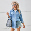 Ebay cross-border trade  independent station new washed distressed denim shirt long sleeve raw hem top for women