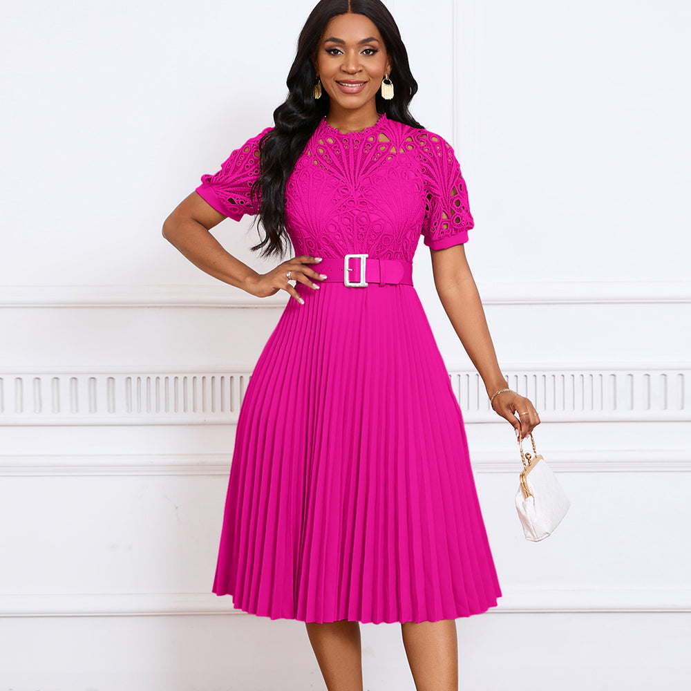 D499 european and american style women's  new short-sleeve lace trim pleated african dress - cross-border evening gown