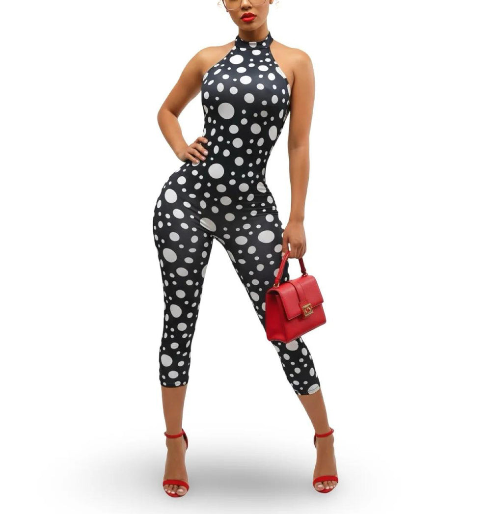 jumpsuit season backless polka dot printing sexy hot girl halter neck three-quarter jumpsuit women's summer high-end
