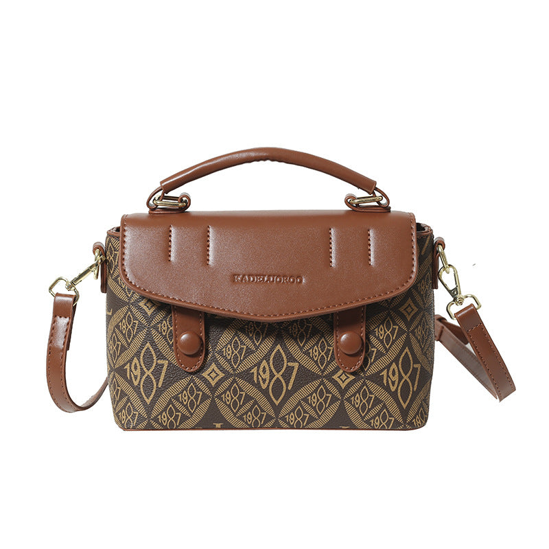 High-end retro print handbag for women, 2025 new color block fashion tote bag, shoulder bag, crossbody commuter small square bag