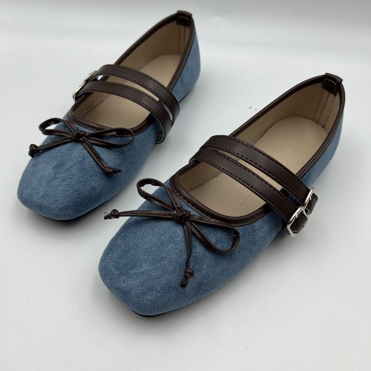 Export autumnew arrival square toe one-piece buckle flat heel shoes cross-border large size bows women's single shoes wholesale