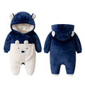 Newborn baby winter romper - bear embroidered, thickened hooded onesie, long sleeve baby crawling suit