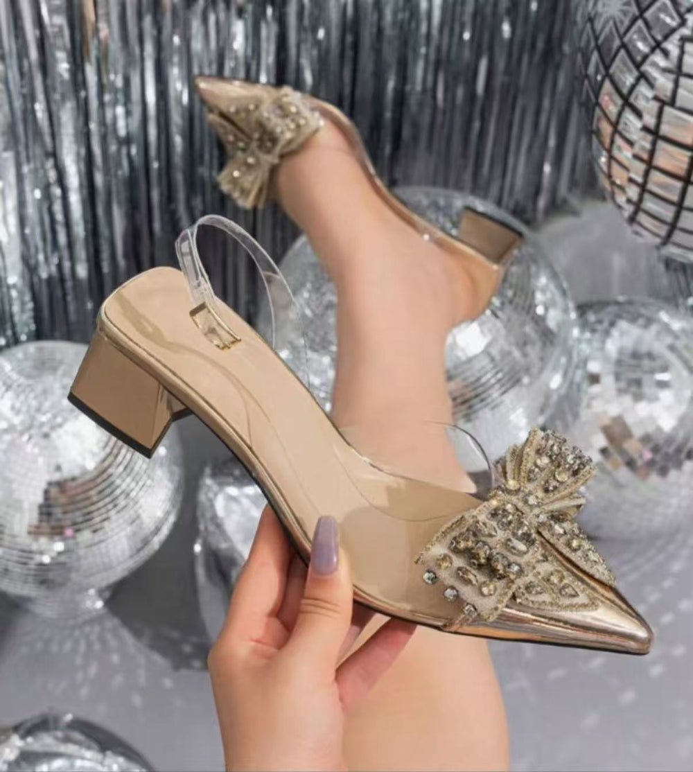 Low ankle cross-border sandals springnew arrival aliexpress sweetbows pointed toe transparent low heel rhinestone sandals
