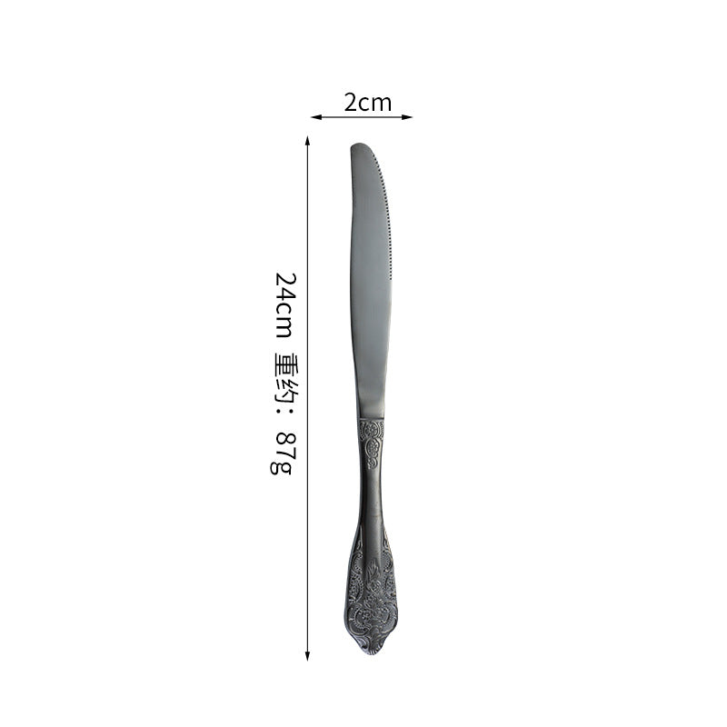 Island Qi stainless steel knife and fork spoon court retro relief steak knife and fork creative western tableware gift box four-piece set