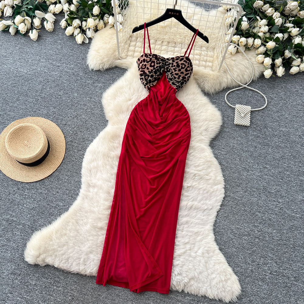 Accessible luxury leopard print patchwork red suspender dress women's summer k-style sleeveless waist slimming lookelegant long dress work clothing