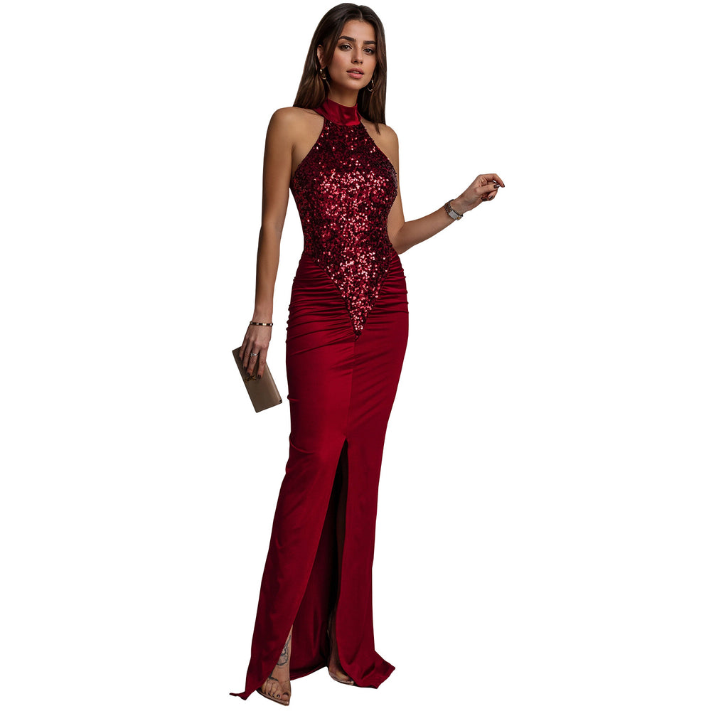 C7602 cross-border   fashion women's sexy slim-fit sequin velvet slit dress