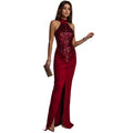 C7602 cross-border   fashion women's sexy slim-fit sequin velvet slit dress