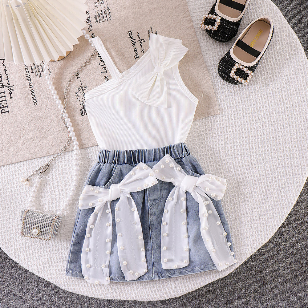 Kids clothing cross-border exclusive for european and american girls new arrival kids white vest + blue shorts baby