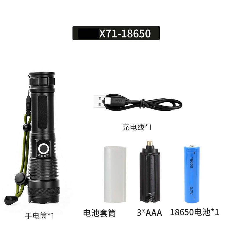 Cross-border P70 strong light flashlight outdoor waterproof USB charging retractable zoom high power LED flashlight