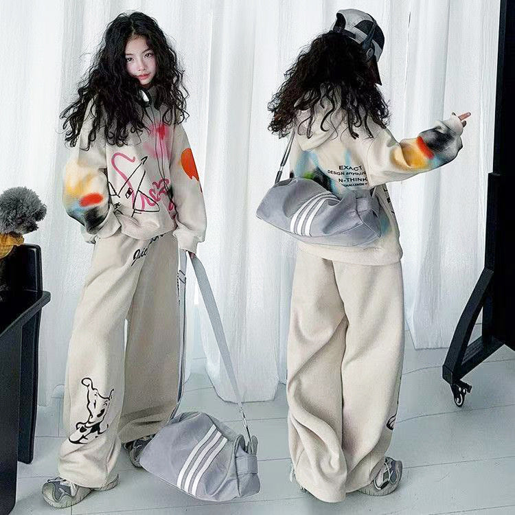 Girls'  new autumn outfit: designer set for mid-to-large children - wide-leg pants, stylish and loose-fitting two-piece set for girls