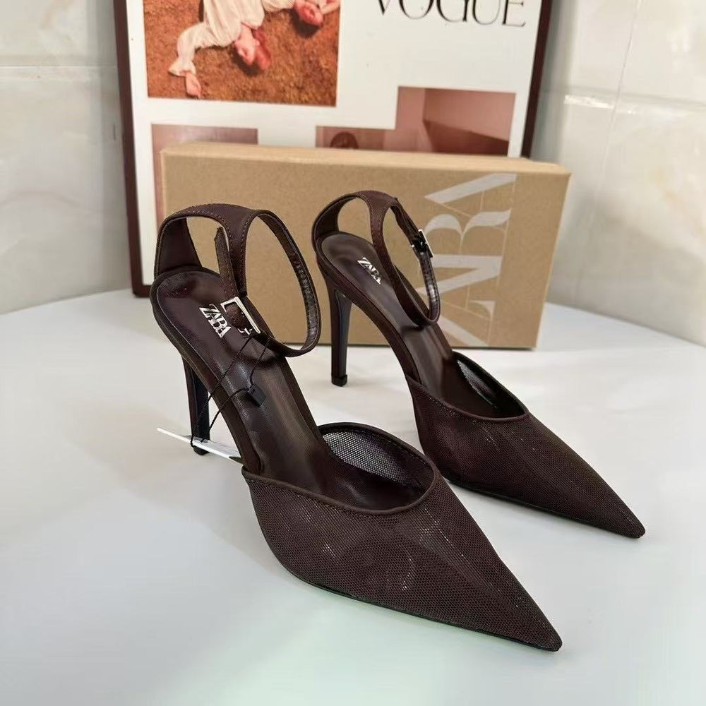 Za's 2025 new women's low-heel elegant court shoes, closed-toe pumps with ankle strap, mesh brown