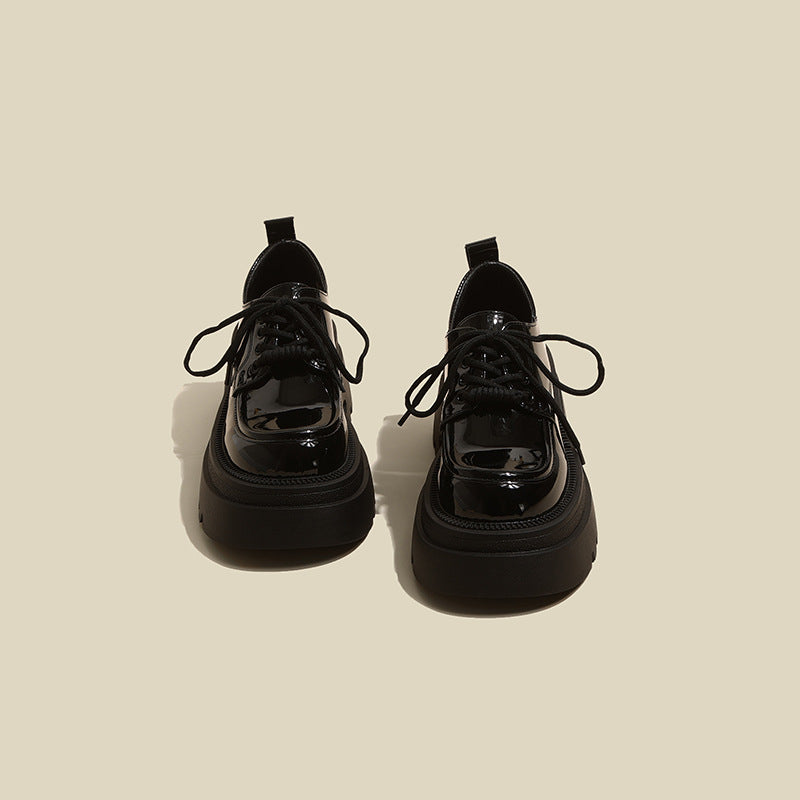 British style women's leather loafers - new autumn/winter 2026 collection - height increasing chunky sole black mary janes with lace-up closure