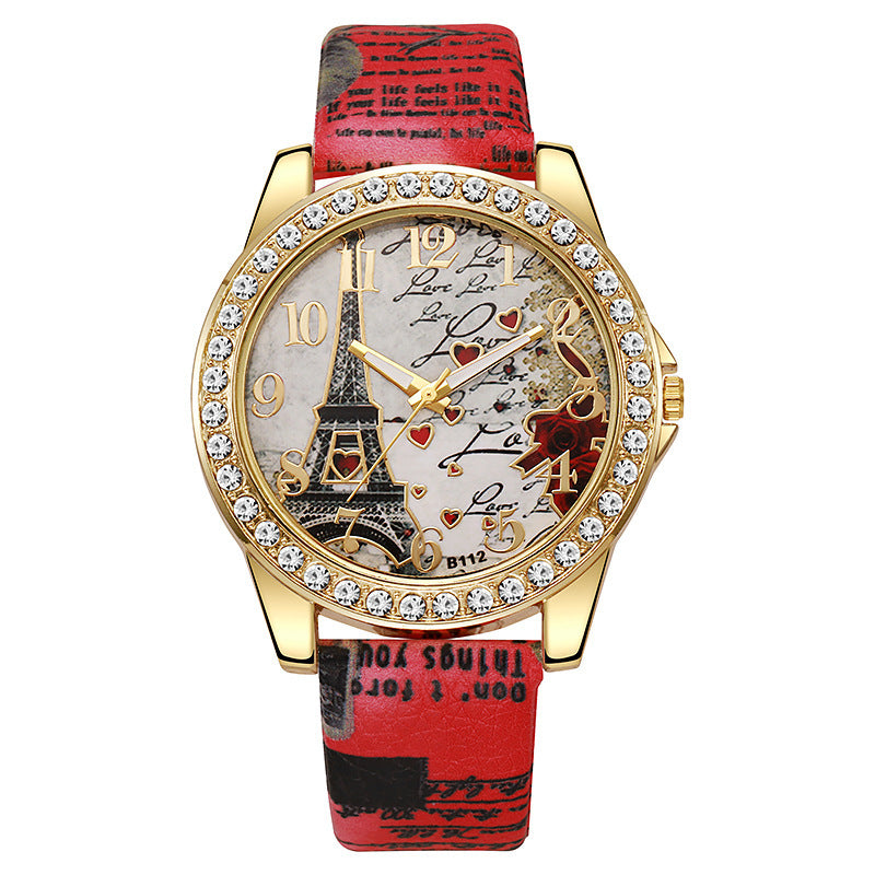 fashion snake print belt printing women's watch eiffel tower digital diamond-encrusted british watch student watch
