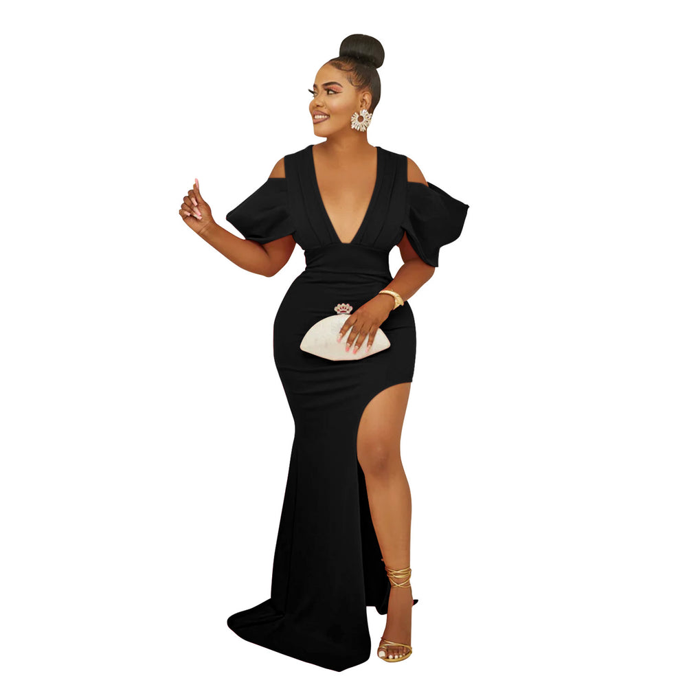 C6637 cross-border   fashion women's solid color v-neck ruched high-slit maxi dress