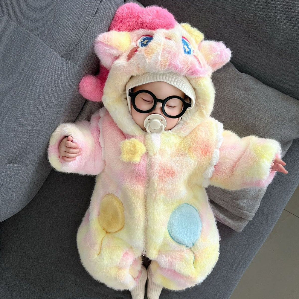 Baby cartoon clothes winterthickenedheattech jumpsuit baby winter clothes super cute rompersfleece-lined haki rompers