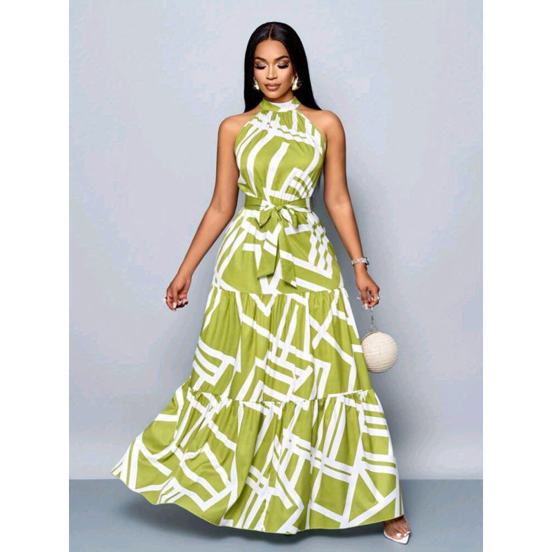 cross-border new women's elegant halter neck printed dress