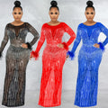 X5605   fashion nightclub party rhinestone women's mesh see-through long sleeve maxi dress