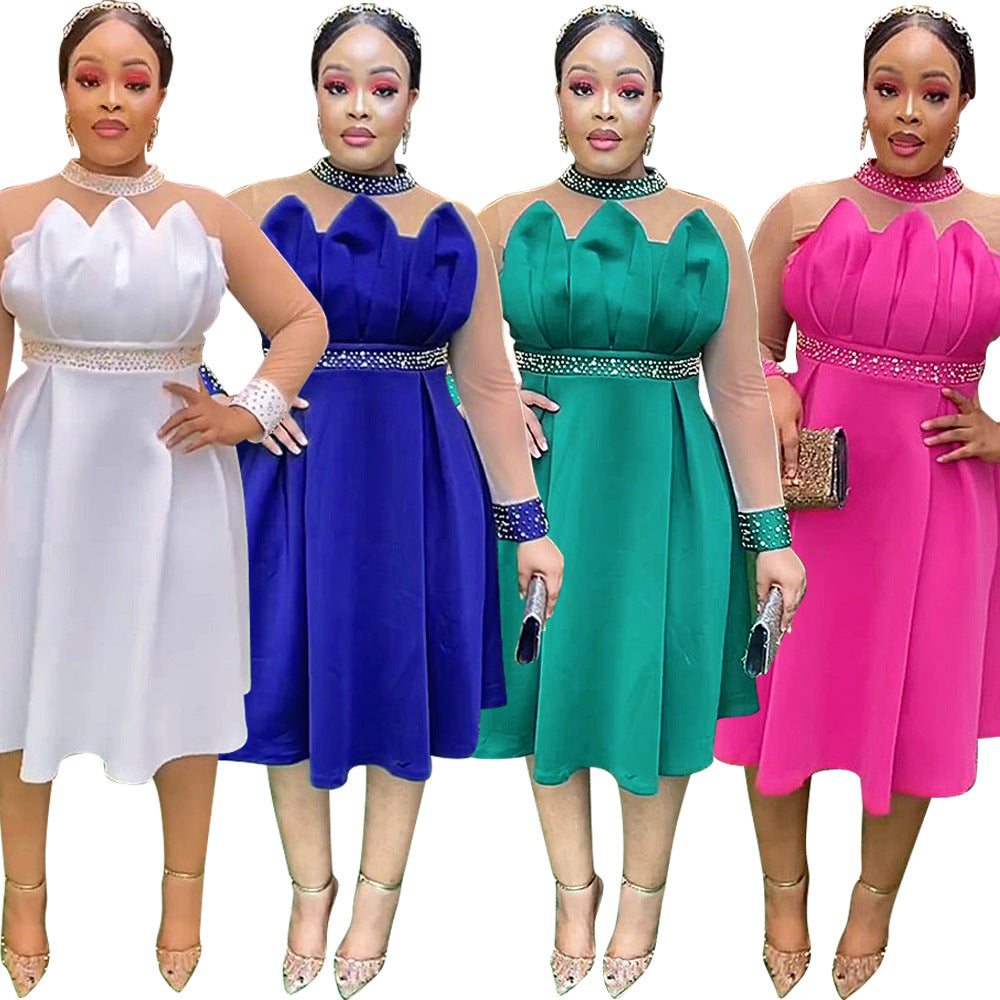 Plus size european and american women's space cotton high-waisted pleated evening gown dress african  beaded dress