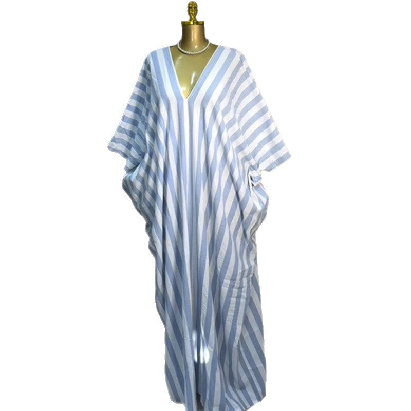 European and american cross-border women's clothing:  autumn new arrivals - sweet, fresh, loose-fit plus size striped v-neck batwing sleeve dress