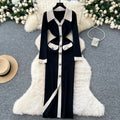 Export french tweed styleelegancecontrast color lapel buttons waist slim elegant slit over-the-knee knittingdress