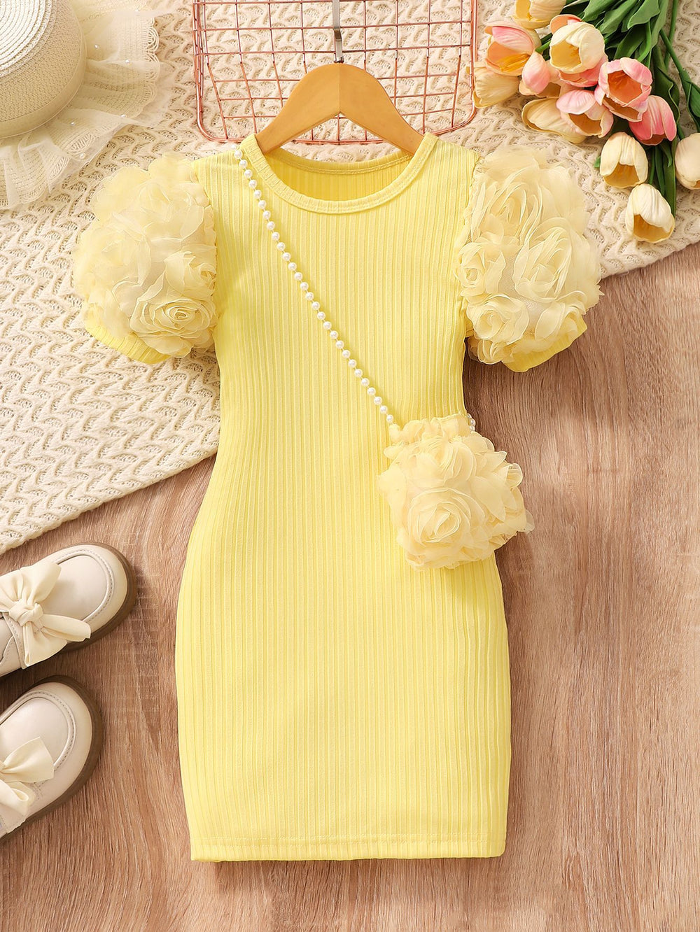 Children's flower short-sleeved dress + flower shoulder bag