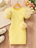 Children's flower short-sleeved dress + flower shoulder bag