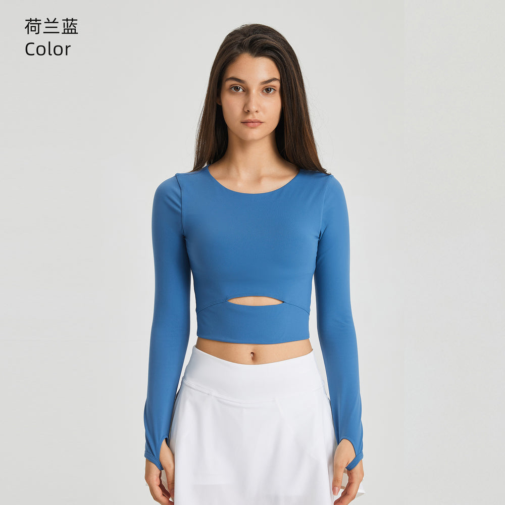 European and american new style padded sports long sleeve t-shirt, fashionable cropped fit, outdoor running slim yoga top for women s2032