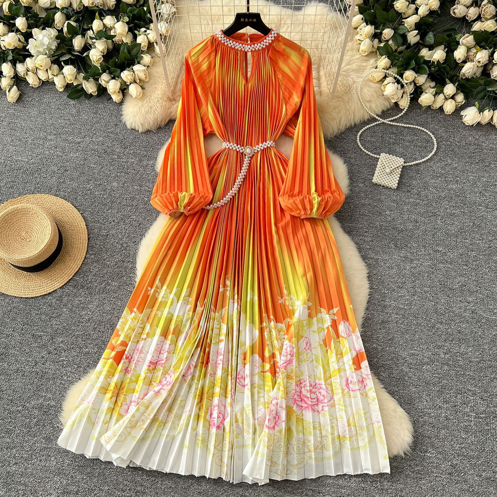 European and american style high-end round neck beaded lantern sleeve pearl belt waist-defining elegant long printed pleated dress