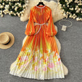 European and american style high-end round neck beaded lantern sleeve pearl belt waist-defining elegant long printed pleated dress