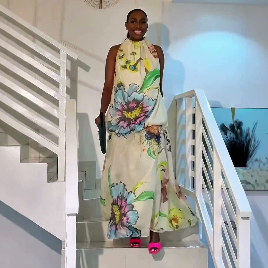 african women's clothing:  summer new arrival - stylish and elegant halter neck printed sleeveless long dress with unique design