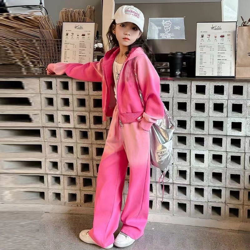 Girls' spring activewear set:  new gradient zip-up jacket and pants, korean style casual two-piece outfit for mid-to-large children