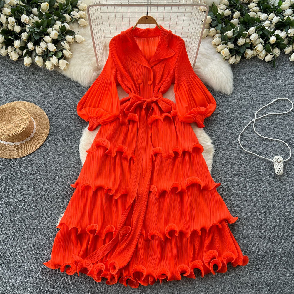 2025 new elegant spring dress: high-end vintage collar lantern sleeve ruched waist ruffle pleated dress for women