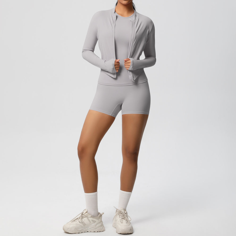 new breathable brushed fleece long-sleeve workout set - solid color three-piece gym outfit for women