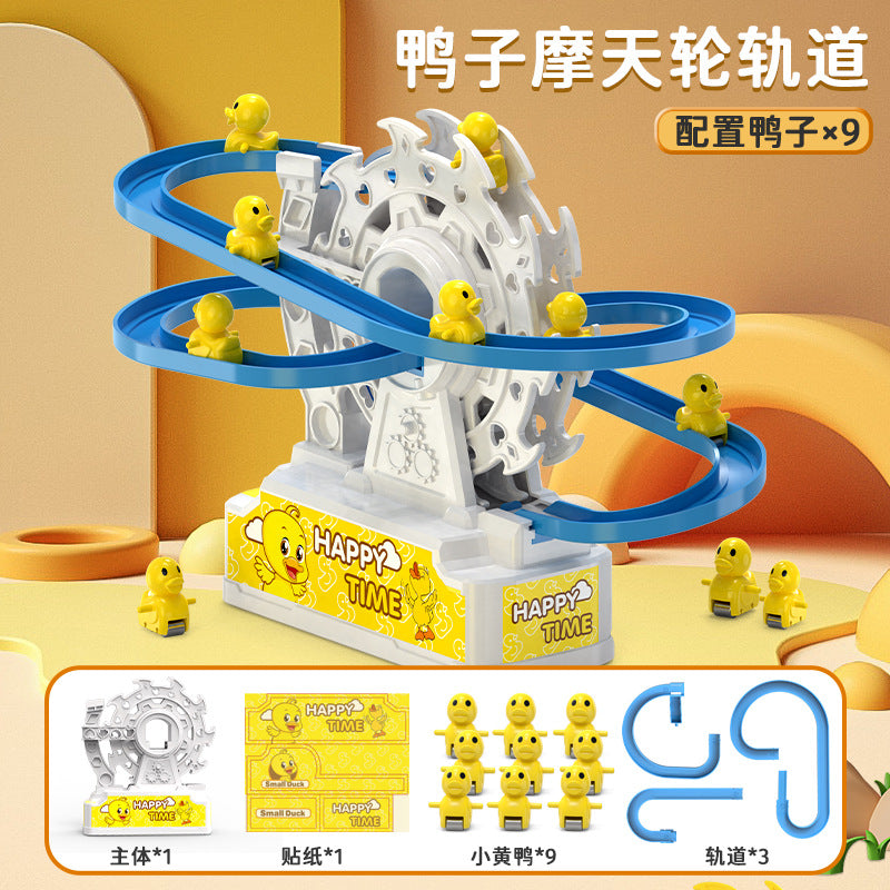 2025 new year children's toy educational duck ferris wheel climbing stairs electric music light track cross-border