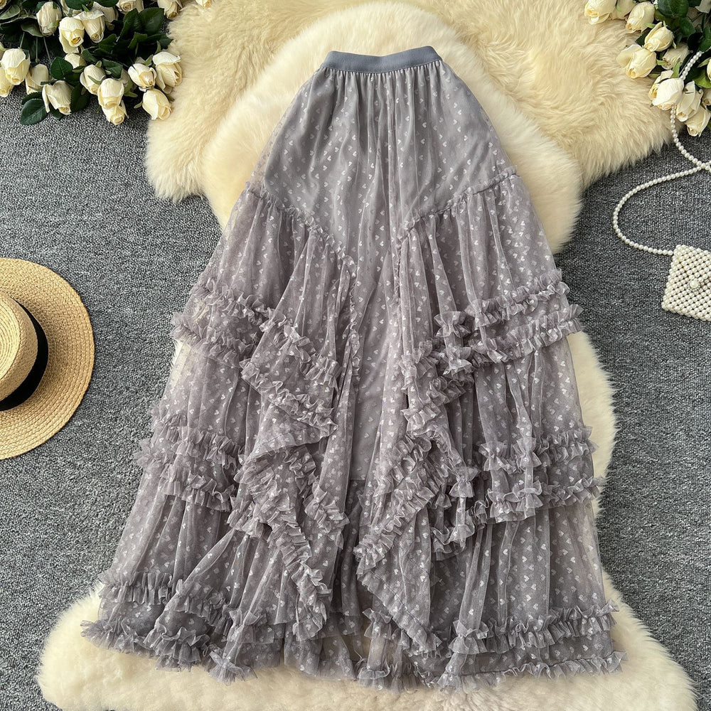 Ethereal midi skirt -  early spring new arrival: soft & elegant, slimming, heart-shaped mesh, asymmetrical flared skirt