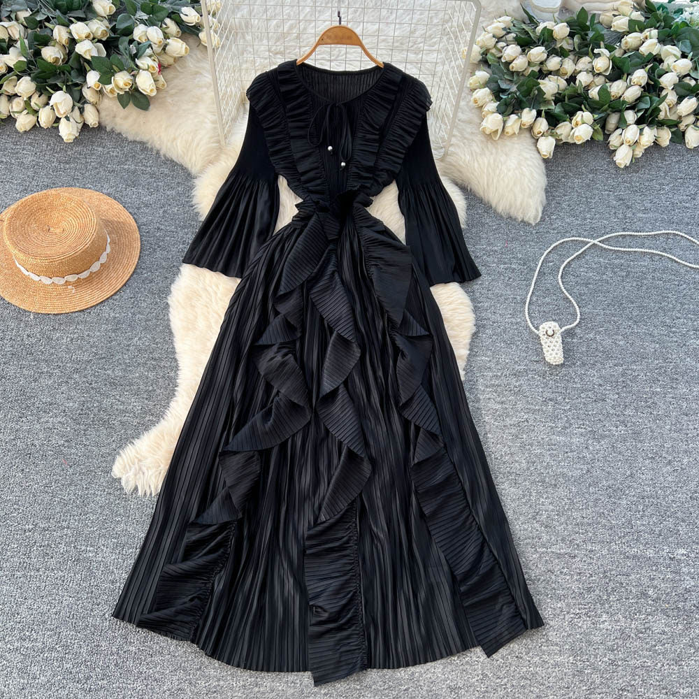 Korean style ruffle trim pleated bow dress - women's long sleeve tie-waist design a-line dress - rose red